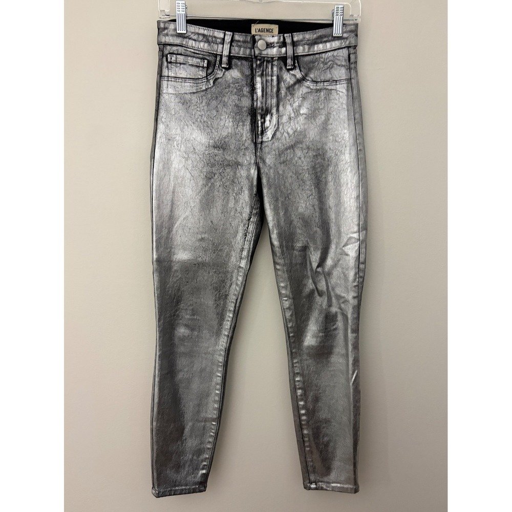 L'AGENCE Margot High Rise Skinny Jeans Silver Metallic Foil Size 27